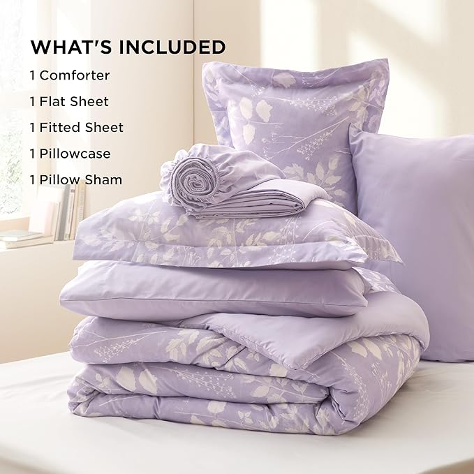 Bedsure Twin Comforter Set - 5 Pieces Floral Lavender Soft Bedding Sets, Twin Bed in a Bag with Botanical Flowers Comforter, Sheets, Pillowcase & Sham
