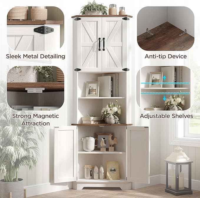 Vabches 68.9" Tall Corner Cabinet, Farmhouse Style Storage Cabinet with Adjustable Shelve, Barn Door Design, Home Space Saver for Kitchen,Bathroom, Living Room, Dining Room (White)