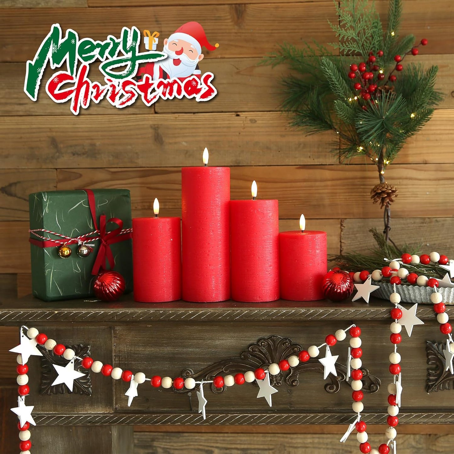 LUSHABOR Flameless Candles, 4 Pack Battery Operated Candles with Remote, Real Wax LED Fake Candles with Timer Flickering for Christmas Wedding Home Party D3 H 5" 6" 7" 9" Red