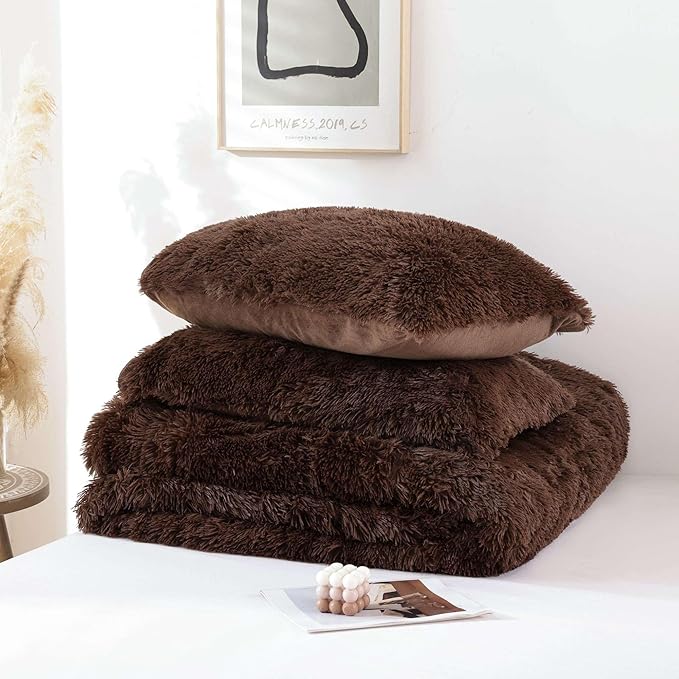 Smoofy Fluffy Full Size Comforter Set, Faux Fur Comforter Set, Luxury Fuzzy Bedding Set, Soft Shaggy Full Bed Set for All Season, 3 Pieces - 1 Comforter & 2 Pillowcases, Coffee