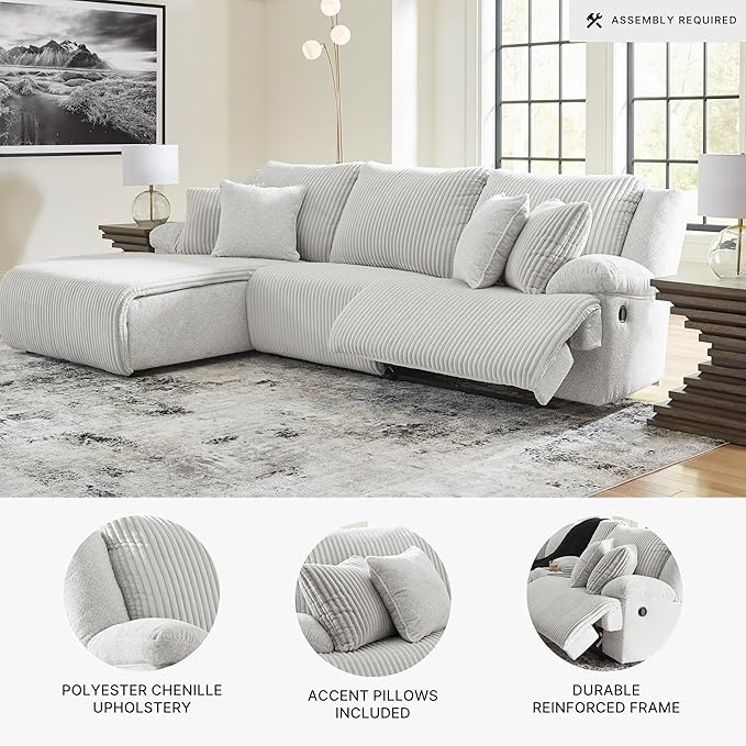 Signature Design by Ashley Top Tier Casual Manual Reclining Left-Arm Facing 3-Piece Sectional Sofa Chaise with 4 Accent Pillows, Light Gray