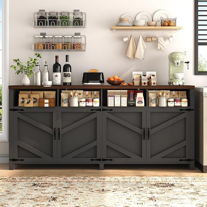 63'' Buffet Sideboard with Storage Farmhouse with 4 Doors, Large Kitchen Storage Cabinet Wood Coffee Bar Cabinet Buffet Table with Shelves for Kitchen, Dining Room, Entryway