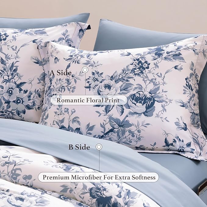 Oversized Queen Comforter Set -7 Pieces Floral Rain Washed Bedding Set for All Seasons, Bed in a Bag with Botanical Flowers Comforter, Sheets, Pillowcases & Shams