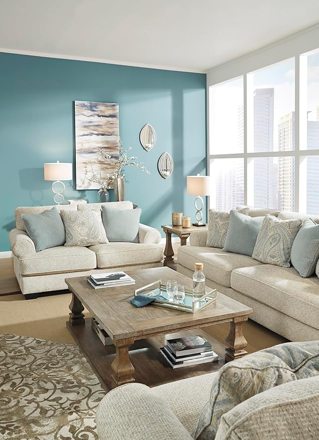 Signature Design by Ashley Monaghan Vintage Loveseat with Accent Pillows, Reversible Cushions and Rolled Arms, Beige