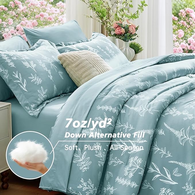 MUXHOMO Blue Full Comforter Set, Elegant Floral Print Bed in a Bag 7 Pieces, Ultra Soft & Breathable Reversible Botanical Pattern Bedding Set with Comforter, Sheets, Pillowcases, and Shams