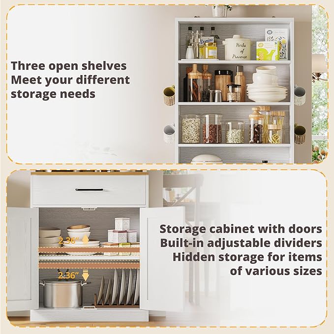 IRONCK Bakers Rack Microwave Stand with Customizable Pegboard and Storage, 71" Farmhouse Coffee Bar Cabinet with Drawer, Barn Doors, Adjustable Shelves for Kitchen, Dining Room, 23.6" White