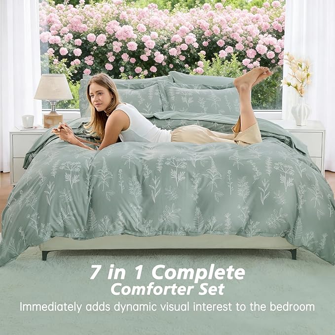 MUXHOMO King Comforter Set 7 Pieces, Sage Green Elegant Floral Print Bed in a Bag King, Ultra Soft & Breathable Reversible Botanical Pattern Bedding Set with Comforter, Sheets, Pillowcases, and Shams