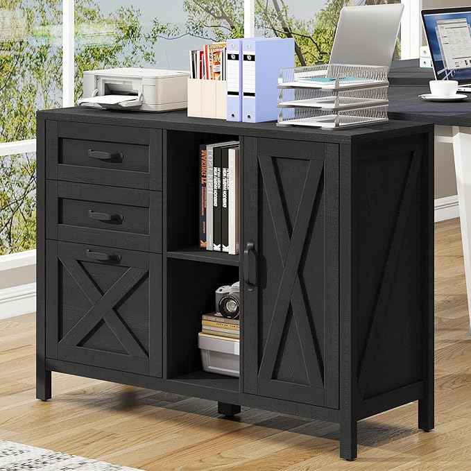 Vabches Lateral File Cabinet, Farmhouse 3 Drawer File Cabinet with Open Storage Shelf for Letter/Legal/A4 Size Hanging Files, Large Wood Storage Cabinets Printer Stand for Home Office, Black