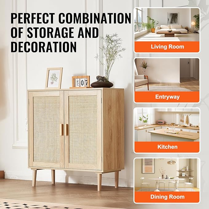 VEVOR Rattan Cabinet, Buffet Cabinet with 2 Magnetic Doors and Adjustable Shelves, Sideboard Buffet for Hallway, Entryway, Living Room, or Kitchen, Natural