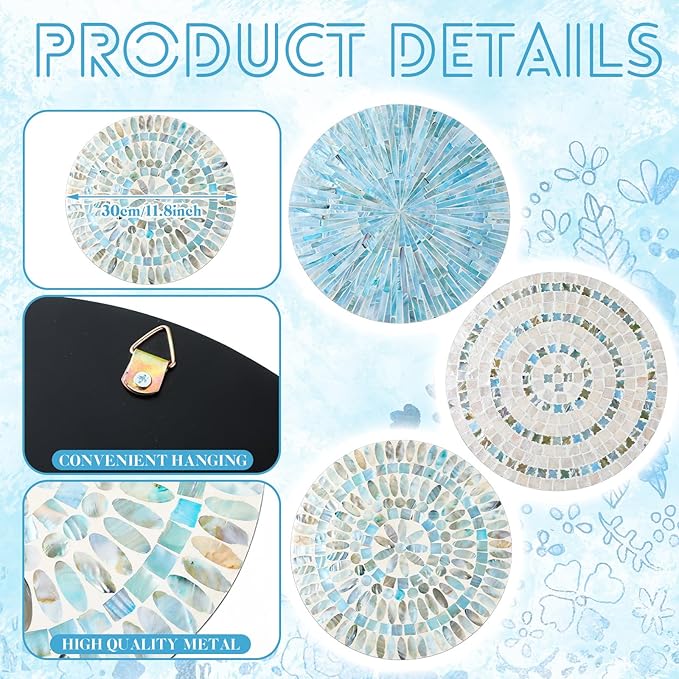 Tioncy 3 Pcs 11.8 Inches Spring Summer Blue Mother of Pearl Shell Plate Coastal Wall Art Mosaic Wall Sculpture Shell Handmade Hanging Plates Arts for Bedroom Bathroom Home Office Hotel