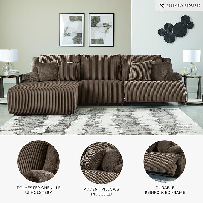 Signature Design by Ashley Top Tier Casual Manual Reclining Left-Arm Facing 3-Piece Sectional Sofa Chaise with 4 Accent Pillows, Dark Brown