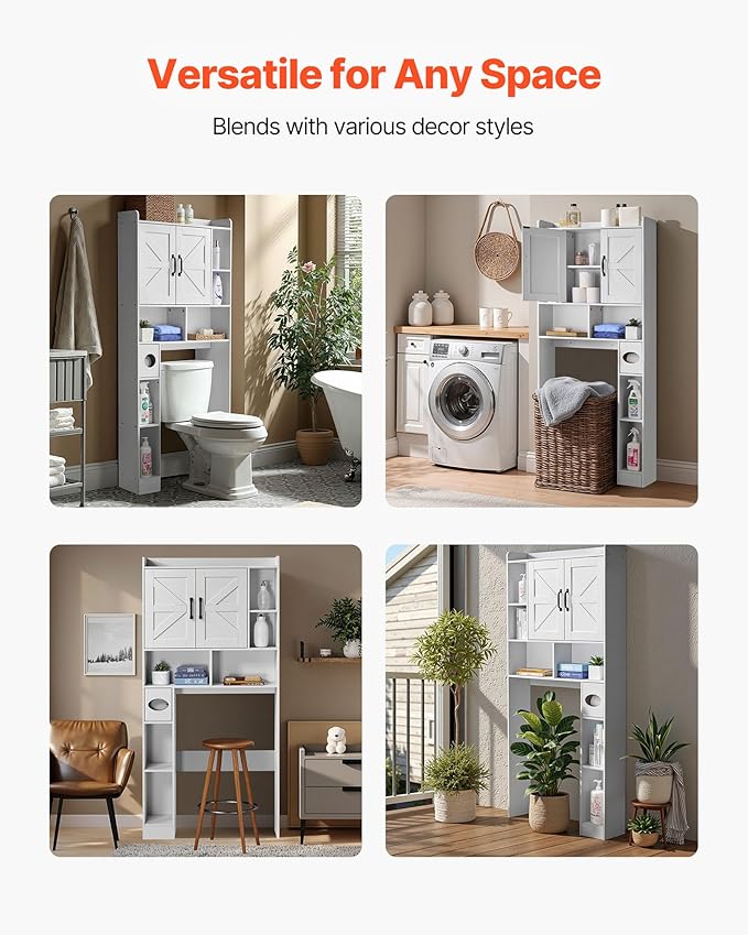 VEVOR Over The Toilet Storage Cabinet, 66.14‘’ Height Bathroom Storage Cabinet Over Toilet with Barn Door and Adjustable Shelf, Bathroom Space-Saving Toilet Rack White Wood with Open Shelf