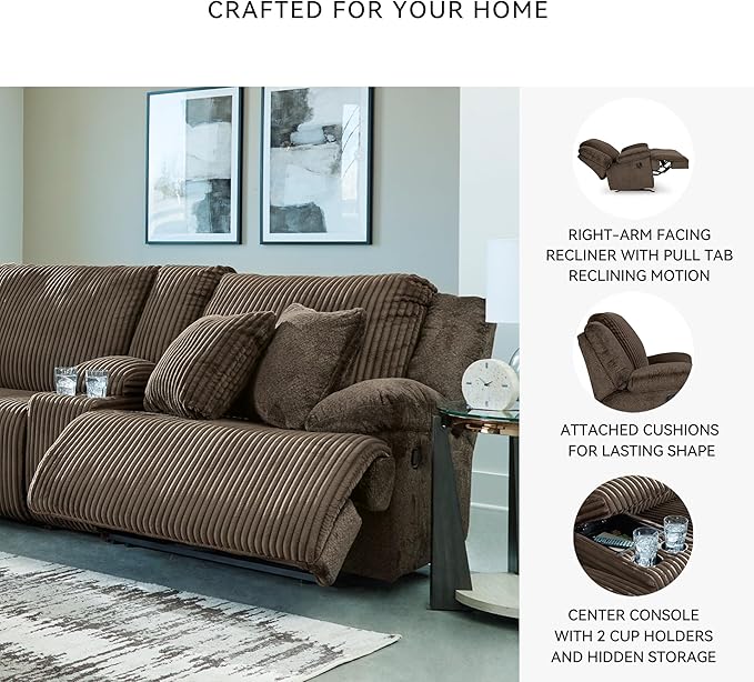 Signature Design by Ashley Top Tier Contemporary L-Shaped Left-Arm Facing 3-Piece Reclining Sectional Sofa with Chaise, Console Storage and 4 Accent Pillows, Dark Brown