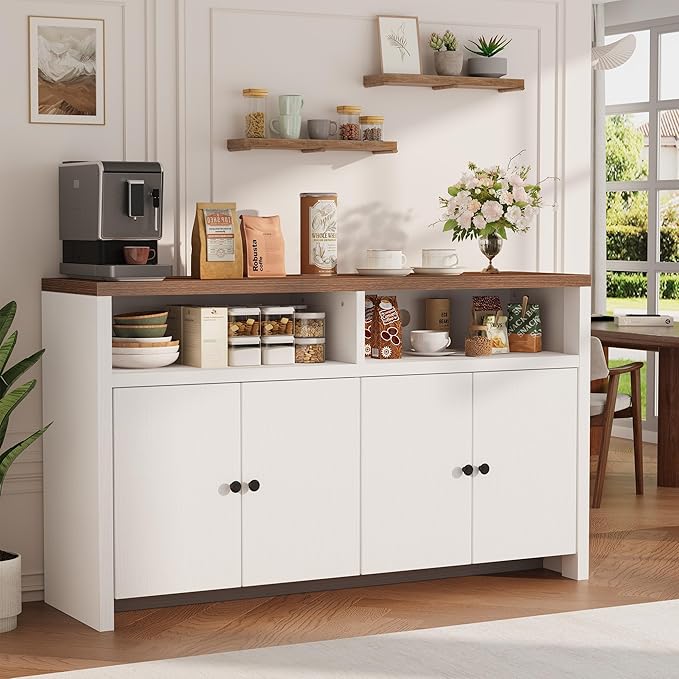IDEALHOUSE Buffet Sideboard Cabinet with Storage, 55" Large Farmhouse Kitchen Storage Cabinet with 4 Doors & Adjustable Shelves, Wood Coffee Bar Cabinet for Kitchen, Dining Room, Living Room, White