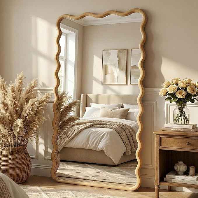 Wavy Mirror for Wall, 55"x28" Boho Wavy Wood Mirror Large Full Length Decorative Mirror with Tempered Glass, Natural Wooden Frame Vanity Mirror for Bedroom, Living Room, Entryway