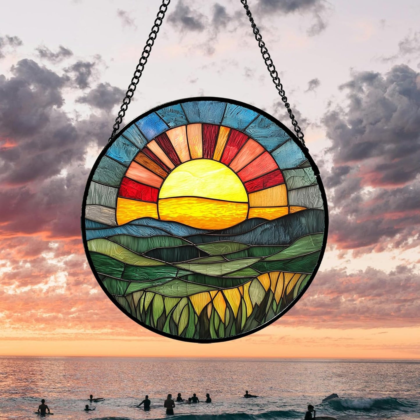 Stained Glass Window Hanging, Golden Red Sun Green Mountain Suncatcher for Window Home Decor Nature Landscape Sun Catcher Mother's Day Birthday Gifts for Women Men Mom Nana 9.8 in