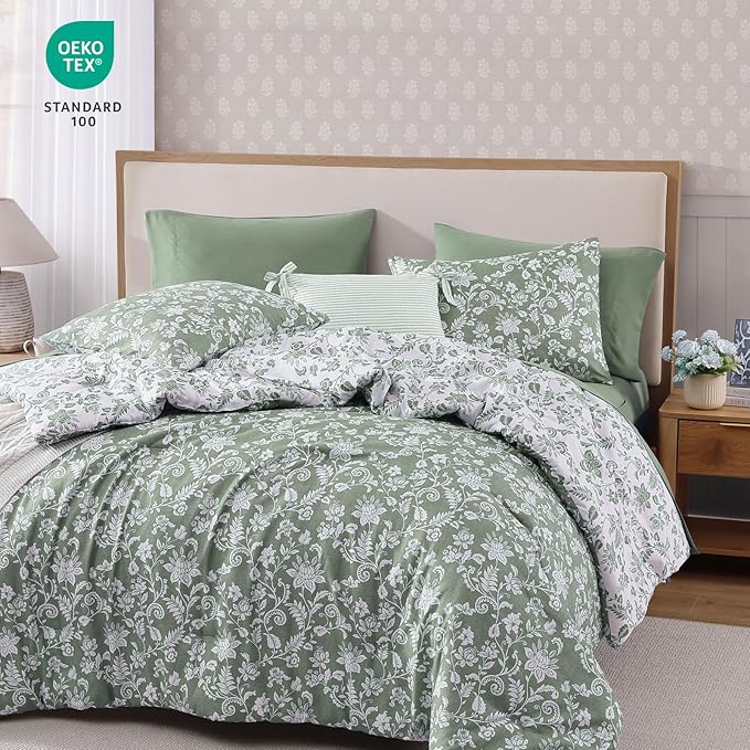 Twin XL Comforter Set -5 Pieces Floral Grey Green Bedding Set for All Seasons, Bed in a Bag with Botanical Flowers Comforter, Sheets, Pillowcase & Sham