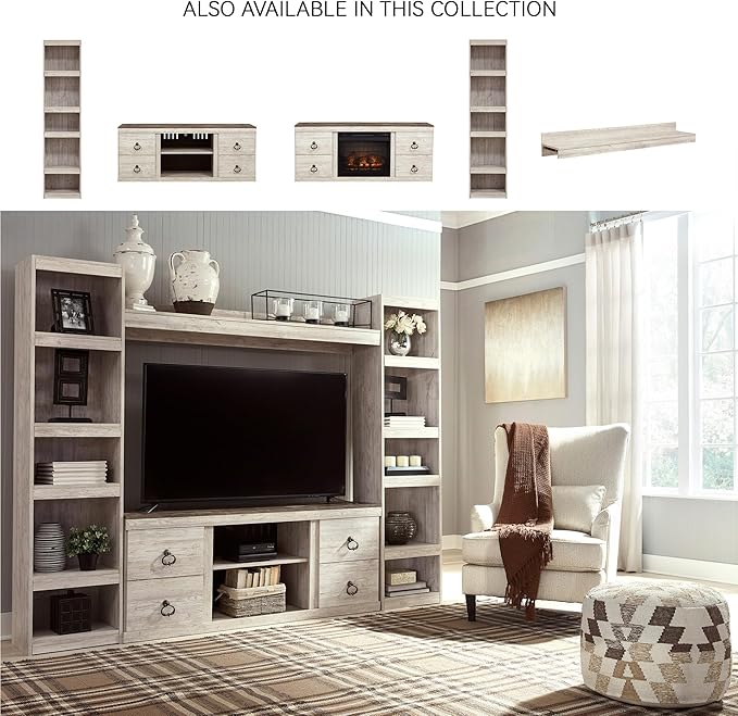 Signature Design by Ashley Willowton Shabby Chic Large TV Stand up to 60" with 3 Shelves and Fireplace Option, White