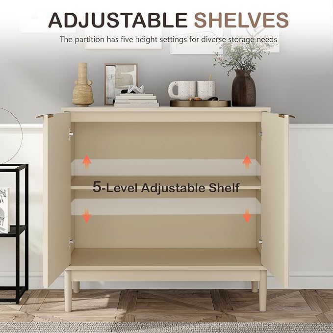 Fluted Sideboard with Storage, Buffet Cabinet Sideboard with Door, Kitchen Buffet Storage Accent Cabinets with Adjustable Shelves for Living Room, Entry, Hallway, Beige
