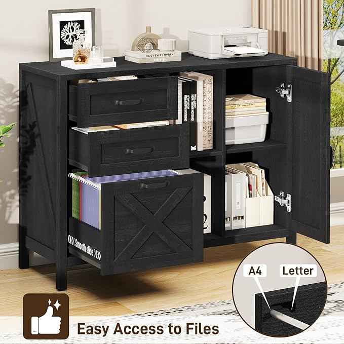 Vabches Lateral File Cabinet, Farmhouse 3 Drawer File Cabinet with Open Storage Shelf for Letter/Legal/A4 Size Hanging Files, Large Wood Storage Cabinets Printer Stand for Home Office, Black
