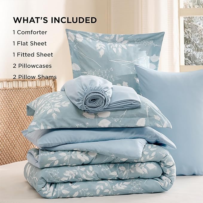 Bedsure Sky Blue Full Comforter Set - 7 Pieces Floral Bedding Sets, Full Bed in a Bag with Reversible Botanical Flowers Comforter, Sheets, Pillowcases & Shams