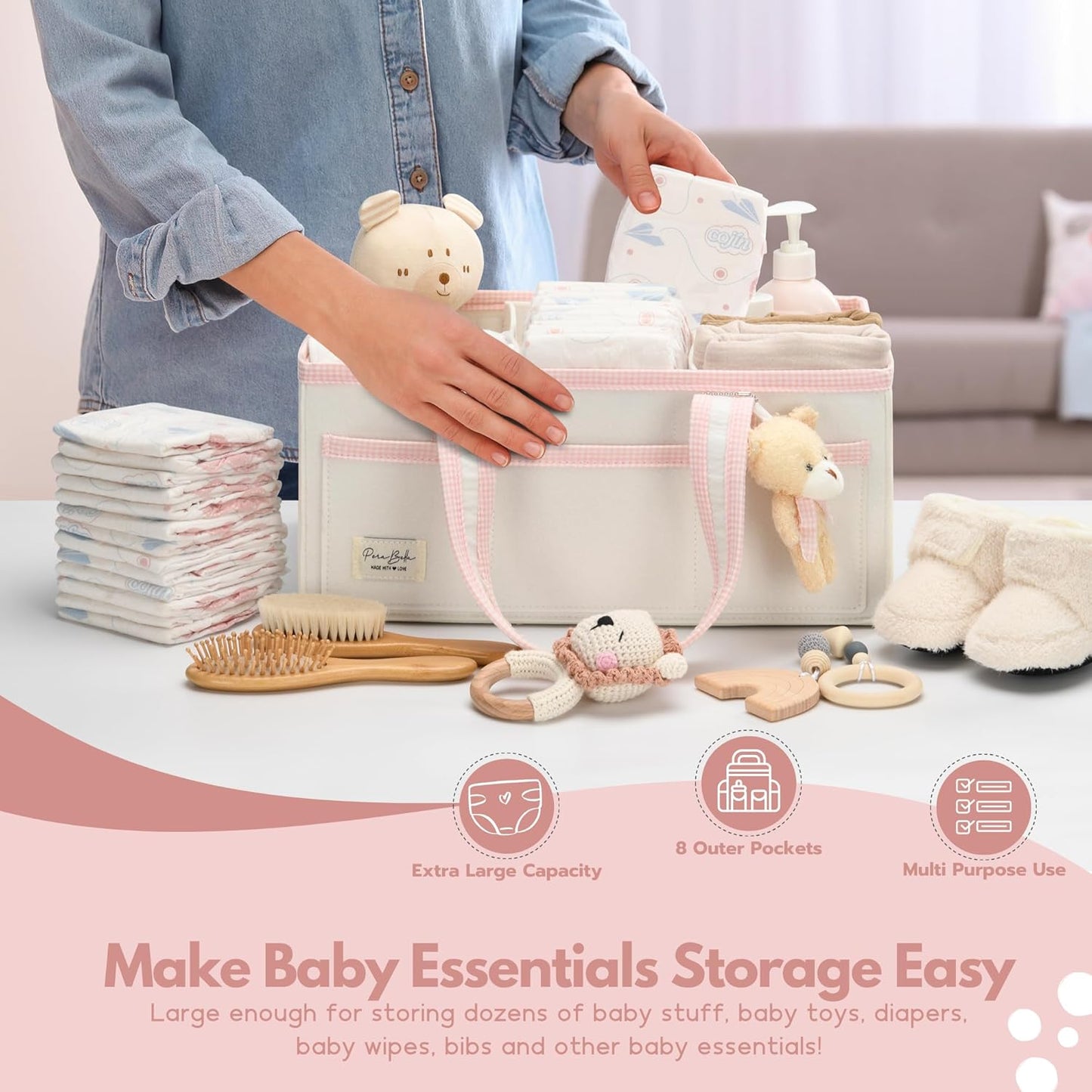 PeraBella XL Diaper Caddy Organizer With Handle, Baby Shower Gifts Basket Bag, Registry Search Must Haves Items, Newborn Girl Boy Nursery Storage Organizer, Baby Bag Essentials, Car Diaper Caddy Cart