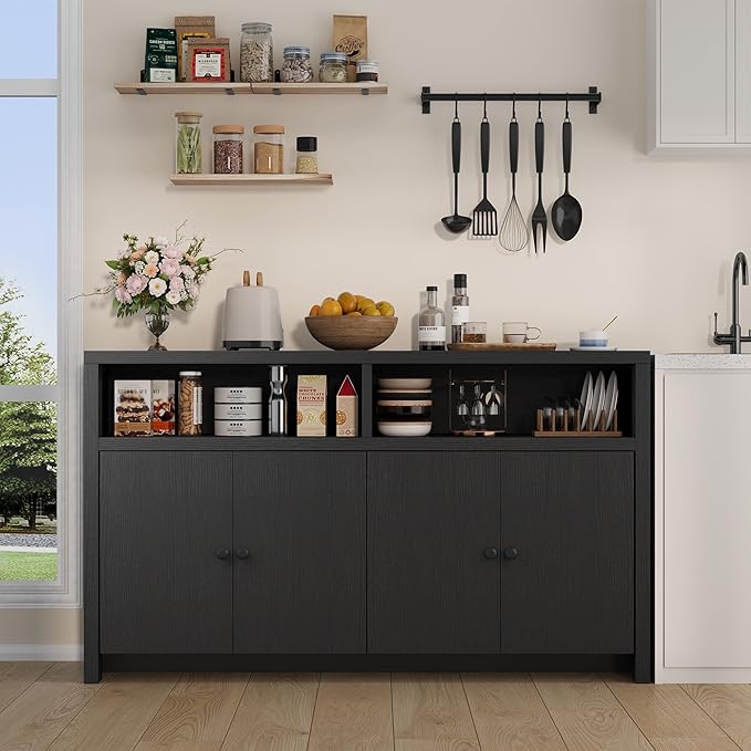 IDEALHOUSE Buffet Sideboard Cabinet with Storage, 55" Large Farmhouse Kitchen Storage Cabinet with 4 Doors & Adjustable Shelves, Wood Coffee Bar Cabinet for Kitchen, Dining Room, Living Room