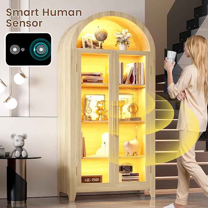 Vlsrka 71" Arched Storage Cabinet with Doors, Display Cabinet with LED Light & Human Sensor, 5-Tier Display Cases for Collectibles, Curio Cabinet with Ajustable Shelf for Living Room