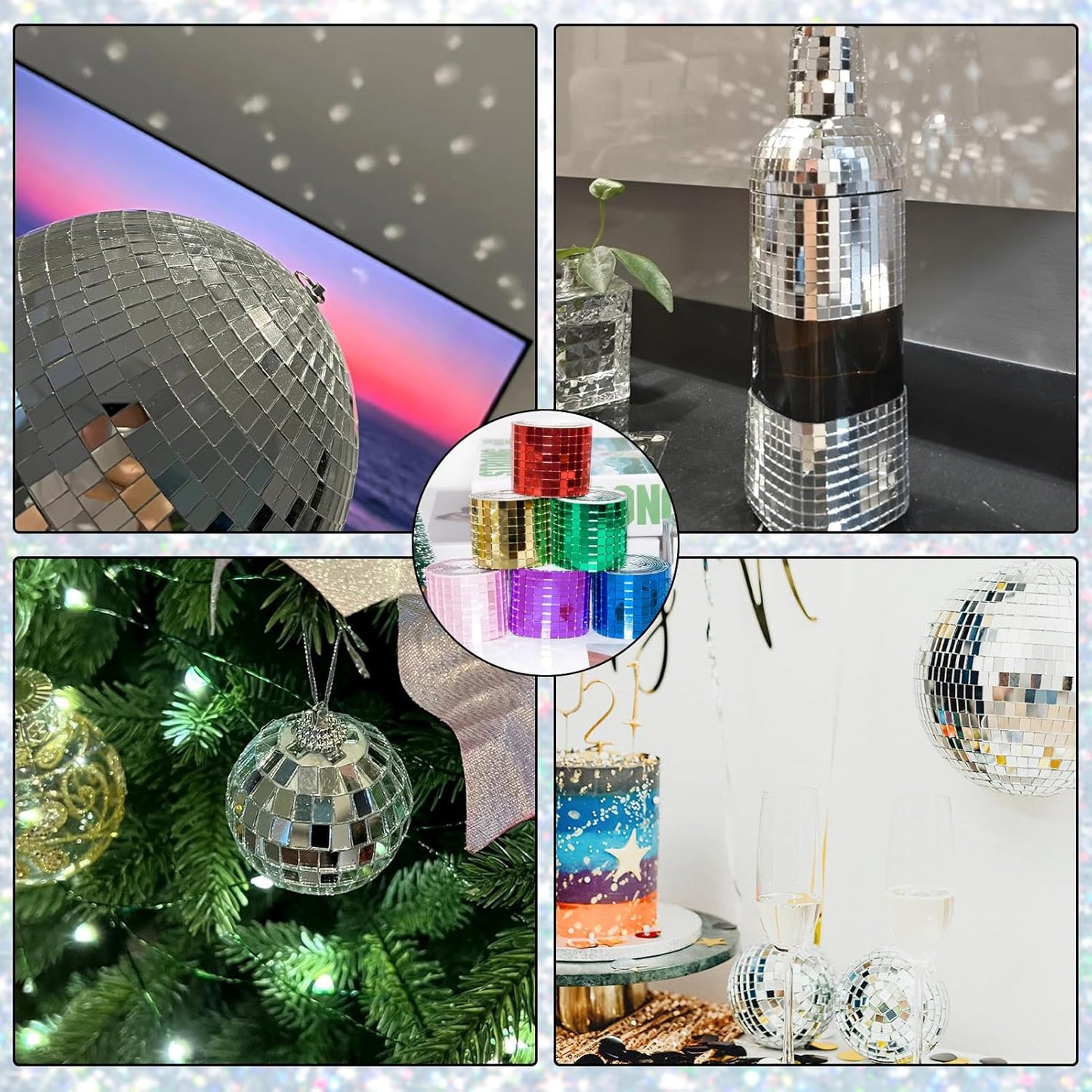 Self Adhesive Mosaic Tiles, 3200 Pieces Disco Ball Tiles, 5 x 5 mm Glass Mirror Mosaic Tiles, Square Mirror Tiles Sticker for DIY Vase, Art Collage, Photo Frames, Home Party 2 Rolls (Rose Gold)