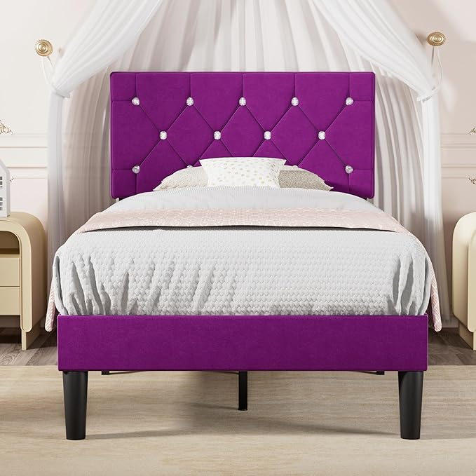 VECELO Twin Size Bed Frame, Upholstered Platform with Adjustable Diamond Tufted Headboard, Wood Slat Support, No Box Spring Needed, Purple