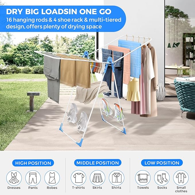 Gullwing Clothes Drying Rack,Foldable Laundry Drying Racks with Shoe Rack, Free-Standing Large Standing Airer, with Height-Adjustable Wings for Indoor Outdoor Use, Laundry Room, Balcony