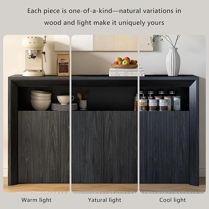 Feonase Buffet Cabinet with Storage & Led Lights, 66.2" Modern Sideboard Cabinet with 4 Doors & Shelves, Fluted Media Console Mid Century, Coffee Bar Table for Dining Room Kitchen, Dark Grey