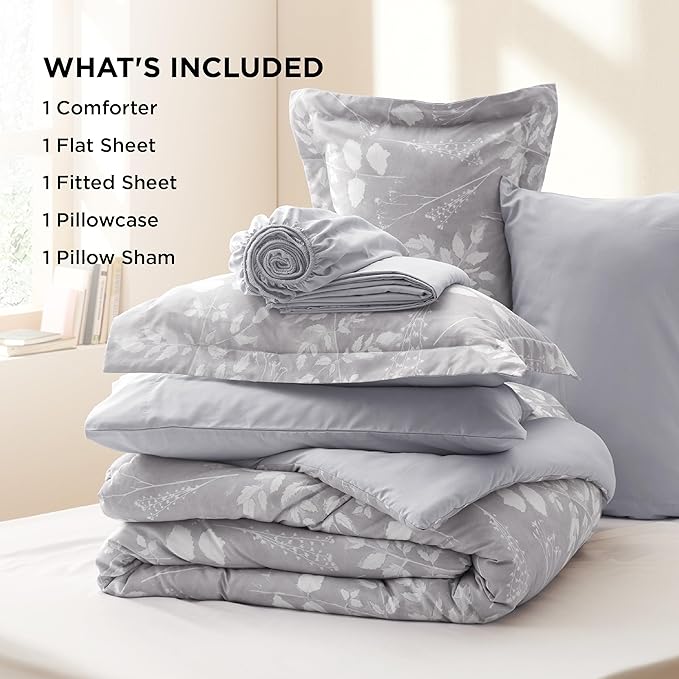 Bedsure Twin Comforter Set - 5 Pieces Floral Grey Soft Bedding Sets, Twin Bed in a Bag with Botanical Flowers Comforter, Sheets, Pillowcase & Sham