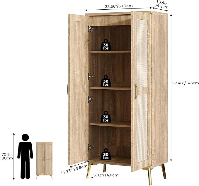 JASIWAY Tall Bathroom Storage Cabinet with Doors and Shelves, 57" Linen Floor Storage Cabinet for Laundry Entryway, Wood Freestanding Pantry with Metal Handle, Adjustable Shelves, Anti-Tipping Device