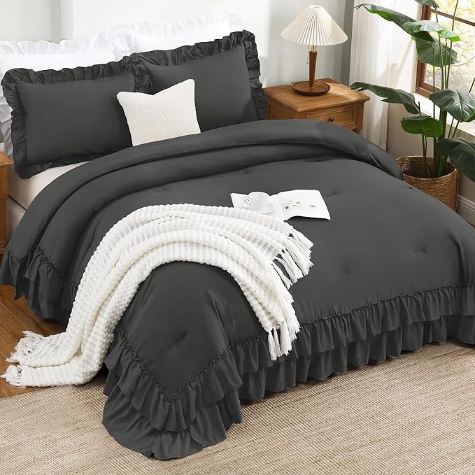 Andency Dark Grey Comforter Set Full, Gray Ruffle Shabby Chic Bedding Comforter Set for All Seasons, 3 Pieces Lightweight Fluffy Farmhouse Bed Set for Women Men(1 Ruffle Comforter 2 Pillowcases)