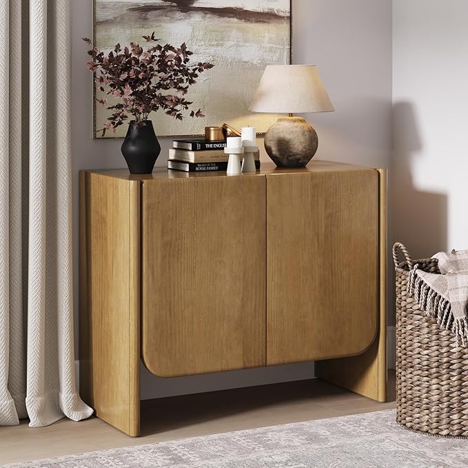 Nathan James Jacala Mid Century Modern Entryway Storage Cabinet with Doors, Living Room Accent Cabinet with Wood Frame, Light Brown