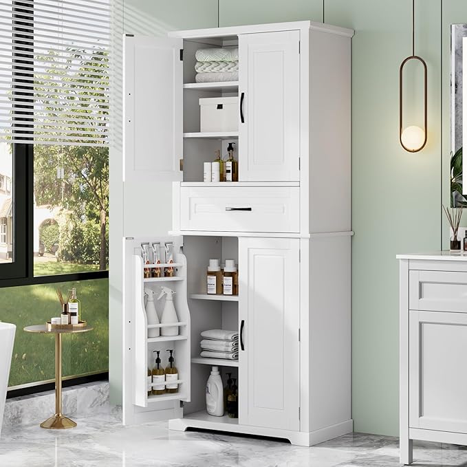72" Storage Cabinet with Multi-Functional Rack Organizer, Tall Kitchen Cupboard Pantry for Home/Living Room/Office/Bathroom, Adjustable Shelf, White