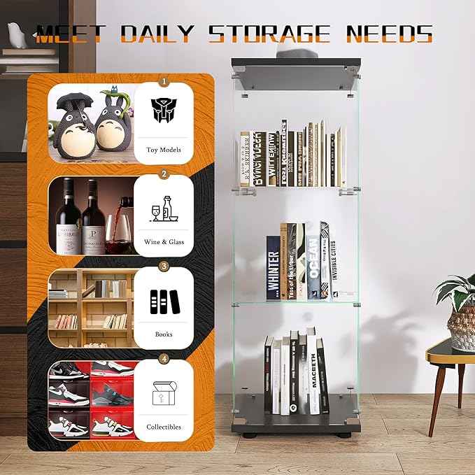 Beauty4U One-Door Glass Display Cabinet, Black Curio Cabinets for Living Room, Bedroom, Office, Collection Display, Quick Installation in 30 Mins, 3 Shelves Black Floor Standing Glass Bookshelf