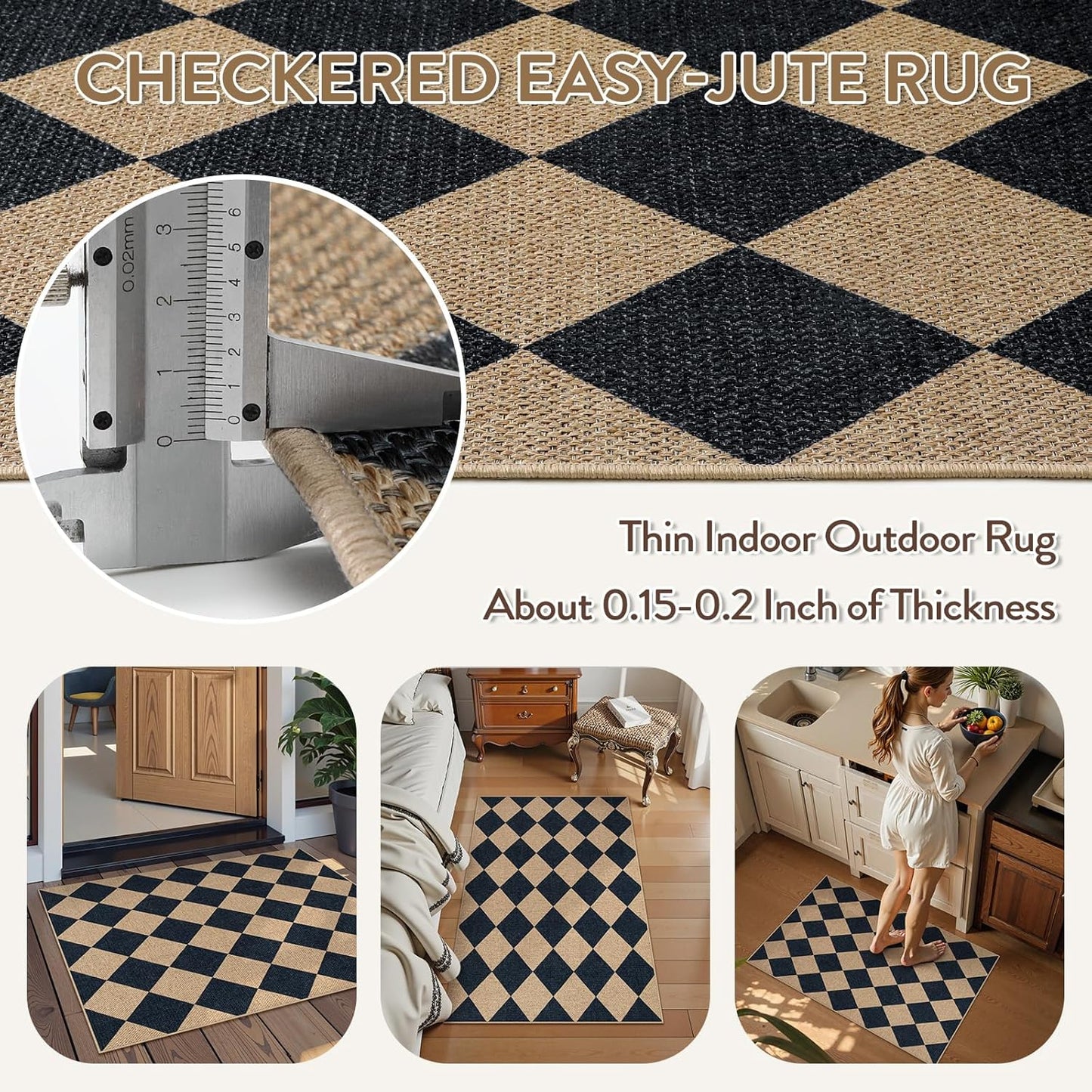 Lahome Checkered Easy Jute Kitchen Rug, 2x3 Front Door Mat Non Slip Washable Neutral Area Rug, Farmhouse Diamond Non Shedding Low Pile Floor Carpet for Entryway Porch Doorway