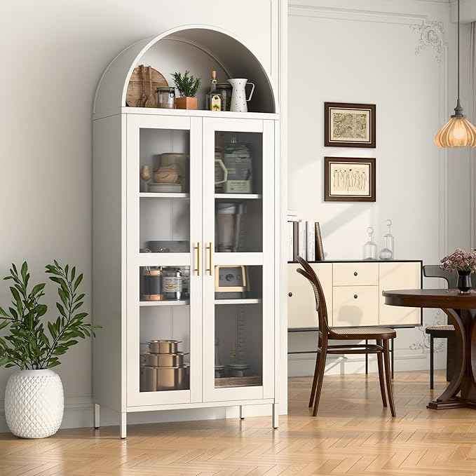 Metal Arched Cabinet with Glass Doors,White Tall Arched Bookcasefor Living Room, Home, Office, Assembly Required