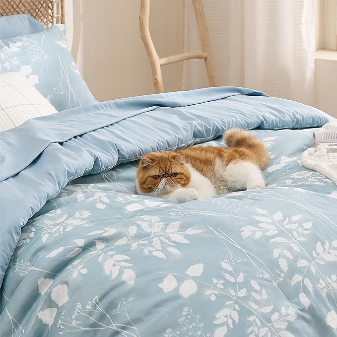 Bedsure Sky Blue Full Comforter Set - 7 Pieces Floral Bedding Sets, Full Bed in a Bag with Reversible Botanical Flowers Comforter, Sheets, Pillowcases & Shams