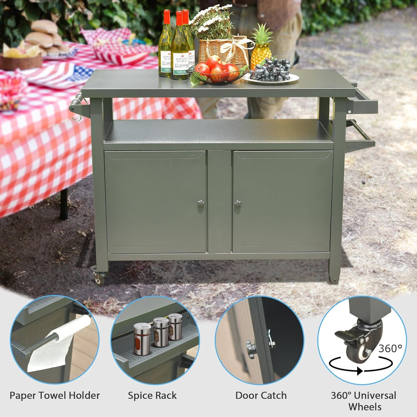 Domi Grill Carts Outdoor Storage Cabinet with Wheels, Metal Outdoor Grill Cart Kitchen Dining Table Cooking Prep BBQ Table for Patio, Kitchen Island, Home Party, Bar (Grey)