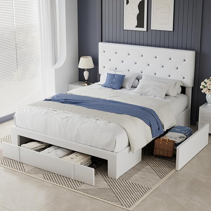 VECELO Queen Size Bed Frame with 3 Storage Drawers, Leather Upholstered with Diamond Tufted Headboard, Solid Wood Slat Support, No Box Spring Needed, PU & White