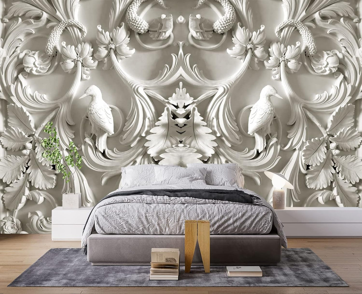 White Gypsum Art Wall Mural Wallpaper for Bedroom 137" x 100"