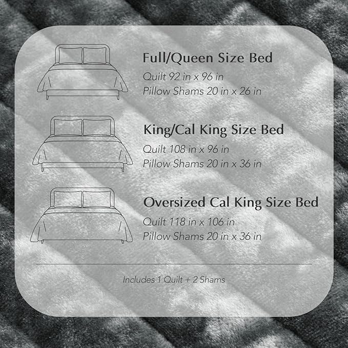 EVERGRACE Velvet Quilt Set Queen Size, Luxurious Soft Striped Channel Bedding Set, Lightweight Velvet Comforter for All Season, Oversized Bedspread Coverlet with 2 Matching Shams, Charcoal Gray