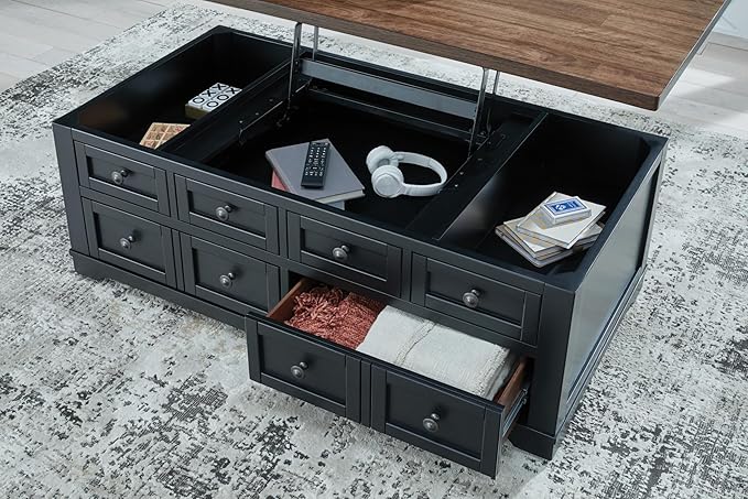 Signature Design by Ashley Wildenauer Lift Top Cocktail Table, Satin Finish Base, 2 Drawers, 2 Storage Bins, Hardwood Solids, 52" W x 28" D x 19" H, Light Brown & Black