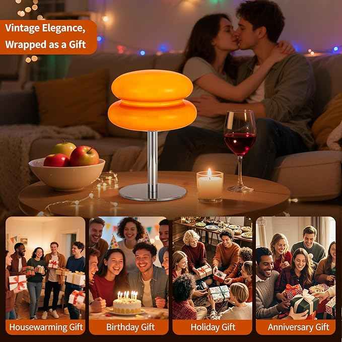 Vintage Mushroom Lamp, Orange Glass Lamp with Metal Base, Dimmable Bedside Table Lamp for Bedroom, Living Room, Mid Century Modern Retro Style, Plug in Nightstand Light