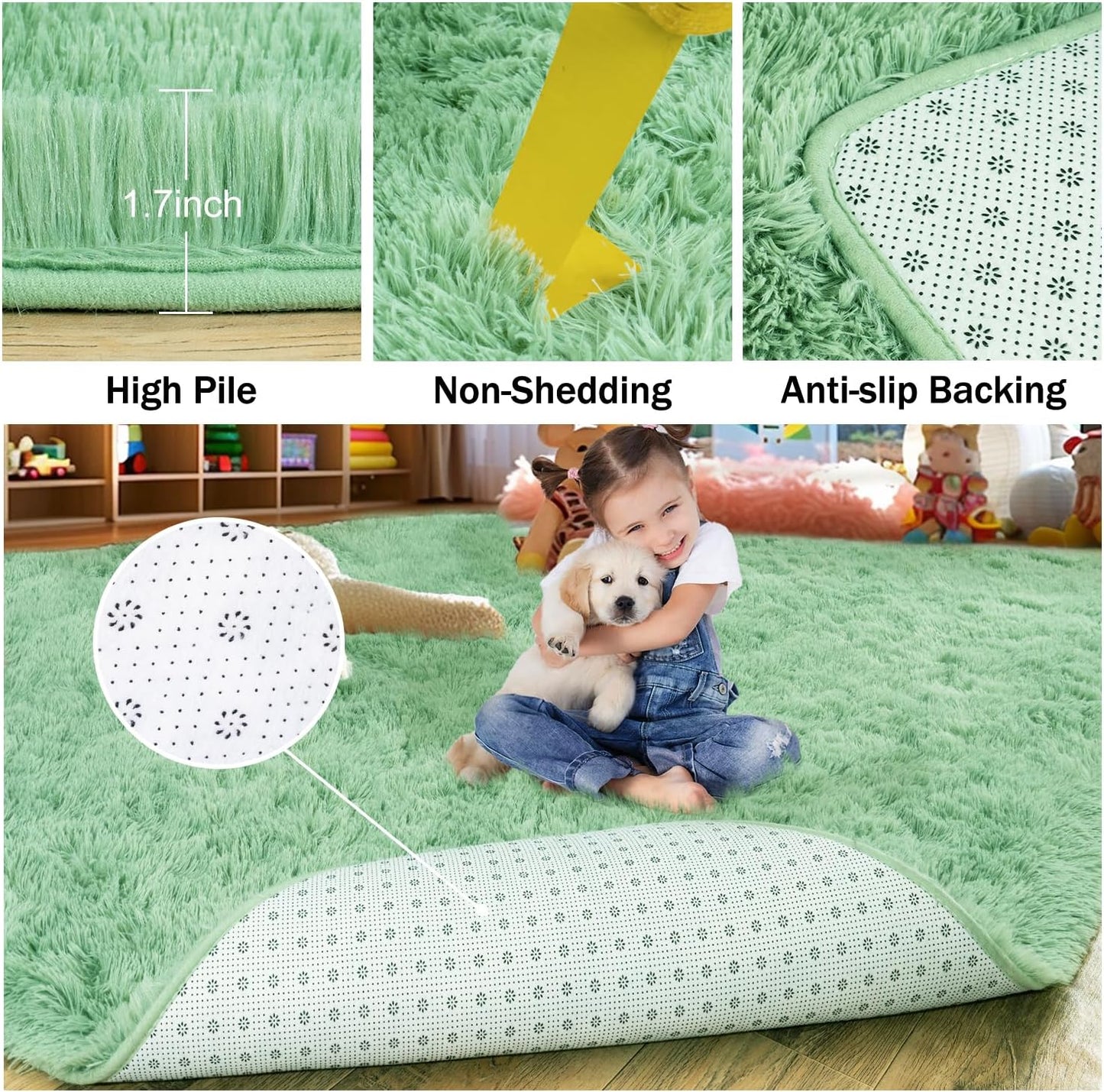 Rezutan Rugs for Living Room, Area Rug 6x9 Fluffy Rug Carpet, Soft Shaggy Modern Floor for Kids Boys Girls Bedroom, Plush Fuzzy Dorm Rug,Sage Green