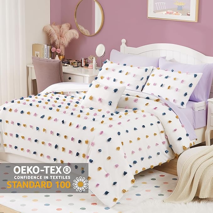 Geniospin Colored Pom Queen Comforter Set, 8 Pieces Ball Pom Comforter Sets, Bed in a Bag Queen, All Season Down Alternative Bedding Set, Lightweight, Warm and Breathable