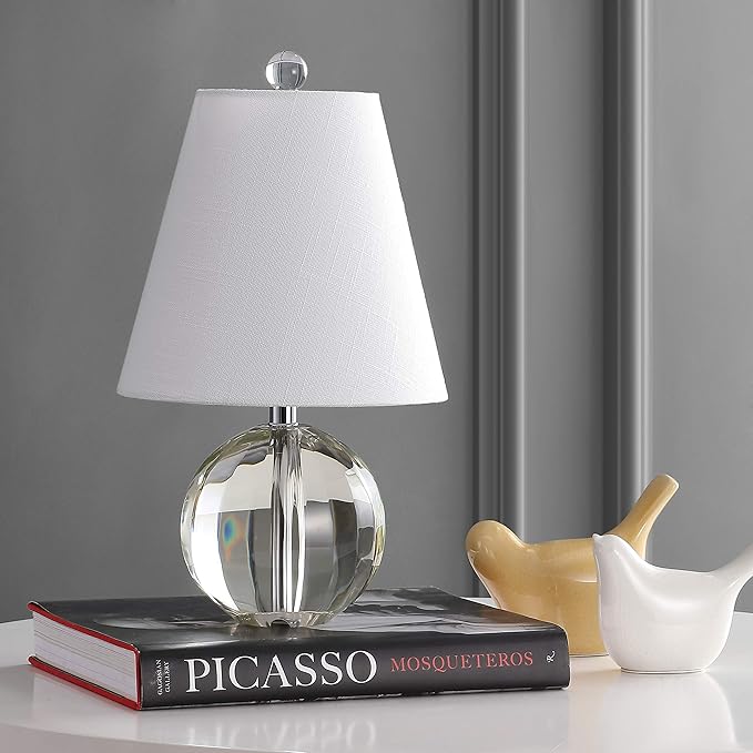 JONATHAN Y JYL2079A 16" Glam Crystal Ball Table Lamp, Modern Bedside Nightstand Lamp for Bedroom Living Room Office, Clear Glass Orb with White Linen Shade and Chrome Accents, LED Bulb Included